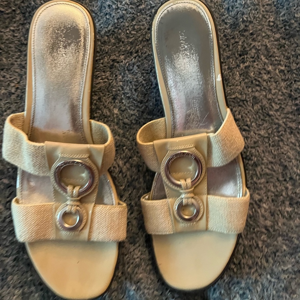 Calvin Klein Beige Slide Mules with Metal Ring Detail